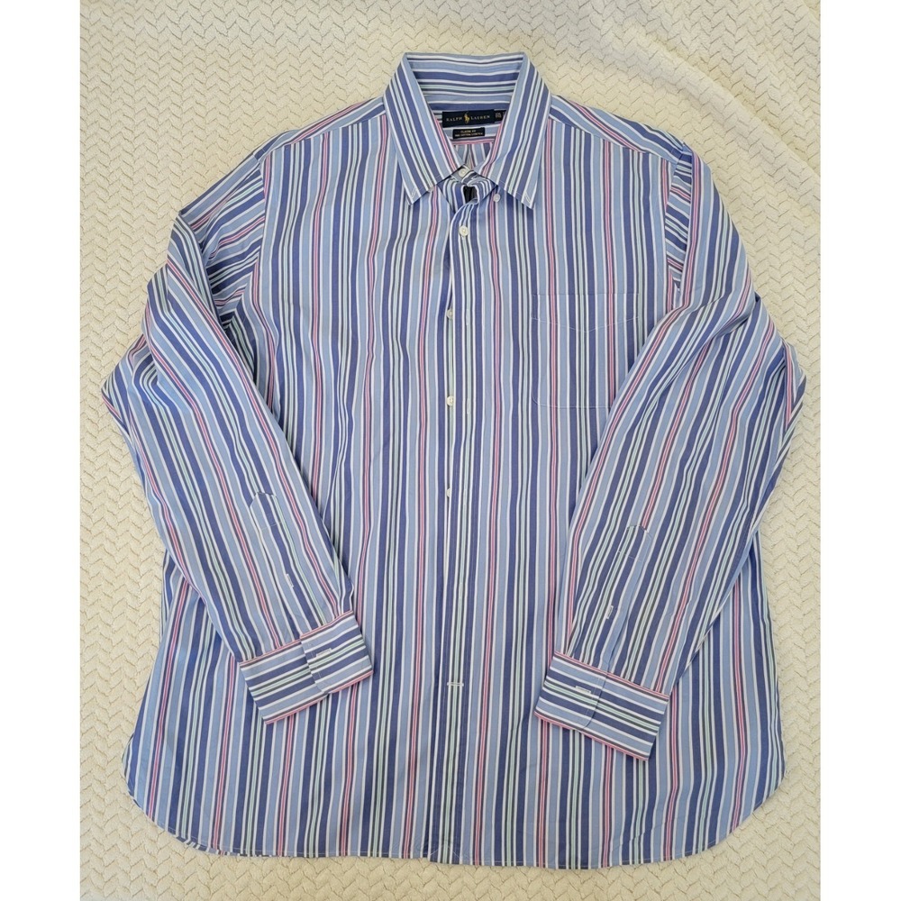 Ralph Lauren Mens XXL Button Long Sleeve 100% Cotton Stretch- Striped Blues